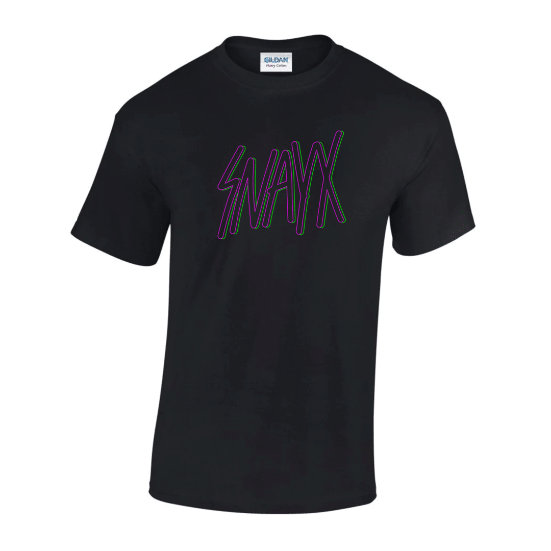 Black tee with pink and green SNAYX logo